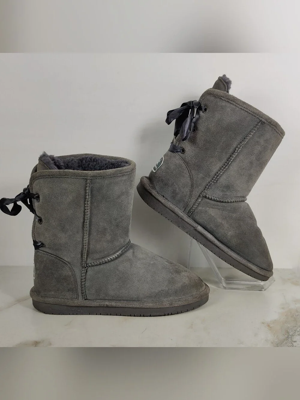 BearPaw Women's Grey Suede Tie Up Bow Winter Boots, Sz 10